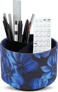 QIELIZI Round Leather Art Supply Organizer,Remote Control Holder,360 Degree Rotating,Multi-Functional Pencil Holder,4 Compartments Desktop Stationary Organizer(1-Dahlia Dark Blue)