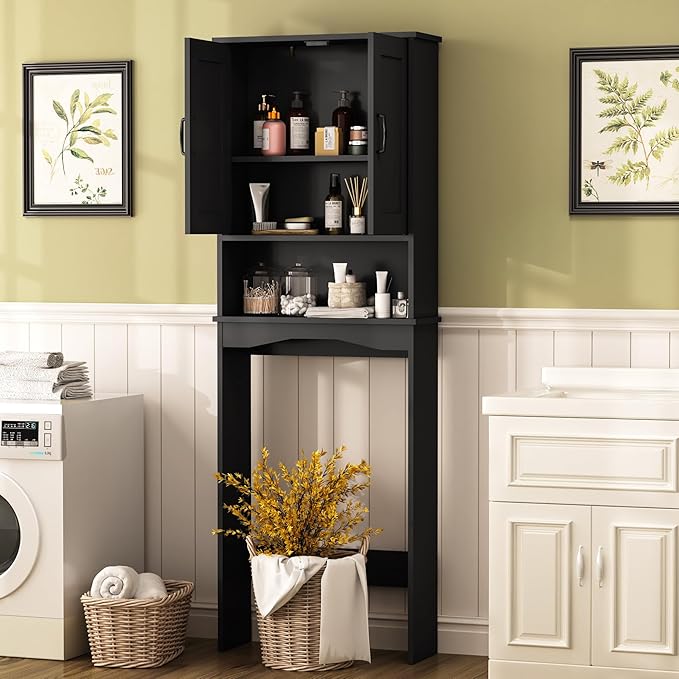 ROOMTEC Over The Toilet Storage Cabinet with Adjustable Shelf and Double Doors, Freestanding Bathroom Cabinet Organizer with Open Shelf, Home Space-Saving Toilet Rack for Restroom, Laundry, Black