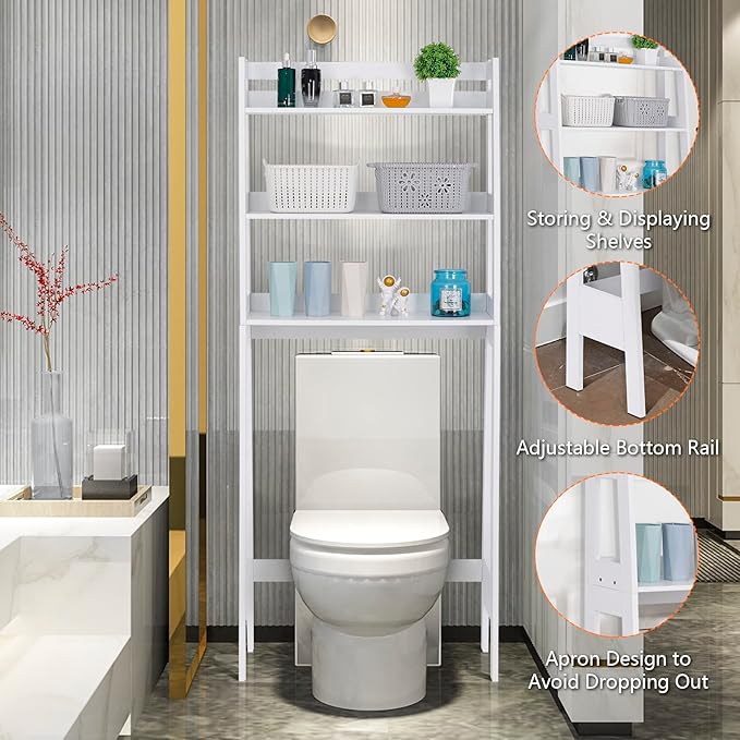 SUPER DEAL 3 Tiers Over The Toilet Bathroom Storage Shelf, Freestanding Wooden Bathroom Organizer Rack with Shelves for Laundry Restroom, White