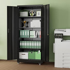 INTERGREAT Metal Storage Cabinet with Wheels, 73" H Rolling Metal Cabinets with Doors and Shelves, Black Steel Lockable Cabinet on Wheels for Garage Storage