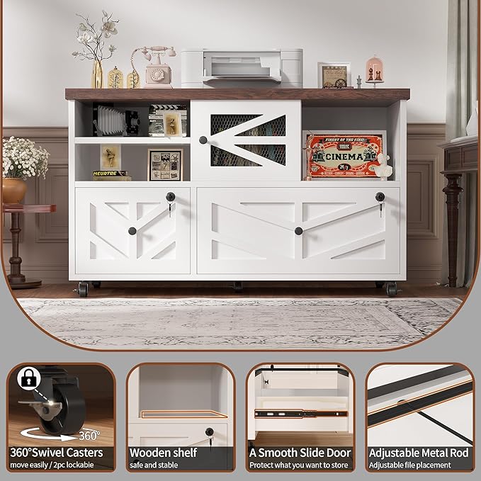 Semoic White Lateral File Cabinet with Lock, 2 Drawer Rolling Filing Cabinet for Home Office, Mobile Storage Cabinet with Open Shelves & Sliding Door, Fits Legal/Letter/A4 Files, Herringbone Design