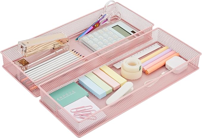 Annova Mesh Stackable Drawer Cabinet and Shelf Organizer Bins Storage Basket School Office Supply Holder Tray- Set of 2 (Light Pink, 6x15x2 Inch)