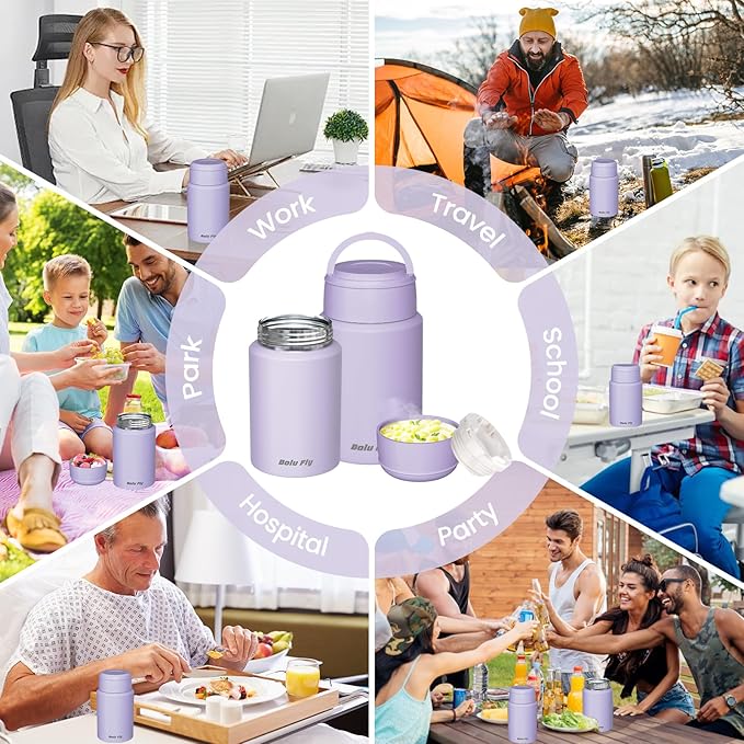 2 Pack Soup Thermo for Hot Food for Adults, Insulated Food Jar, Stainless Steel Vacuum Thermal Lunch Box Containers with Carry Bag and Spoon (18.5oz, 27oz) (Purple)