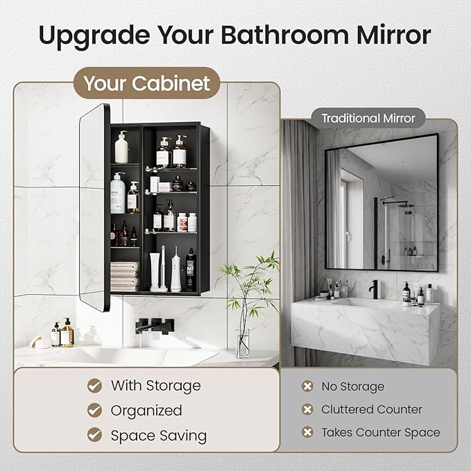 20x30 Inch Medicine Cabinet, Matte Black Aluminum Bathroom Mirror Cabinet with Storage, 6 Adjustable Glass Shelves, Rust Proof, Recessed or Surface Mount Wall Cabinet, Soft Close Hinges