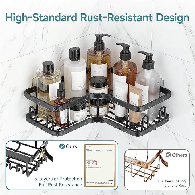 Veken Corner Shower Caddy 4-Pack, Advanced Rustproof Design, No Drilling Adhesive Shelves, Rack with Soap Holder, Large Capacity Bathroom Organizers and Storage, Wall-Mounted Kitchen&Home Decor,Black