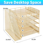 Desk Organizer, 5-Tier Paper Letter Tray Organizer with File Holder, Drawer and Pen Holder, Desktop Organizer for Office Supplies, Gold