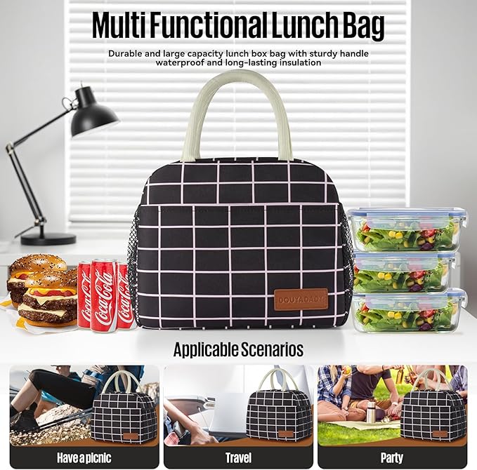 Lunch Bag Women/Men Lunch Box Women/Men (Black+Pink Blocks)