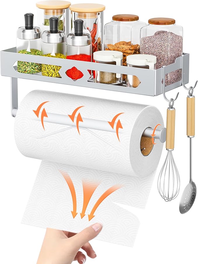 Paper Towel Holder Wall Mount, MAYZOLOP Easy One-Hand Tear Design Paper Towel Holder with 2 Hooks, Fits Kitchen, RV, Bathroom, Self-Adhesive or Drilling Installation, Silver