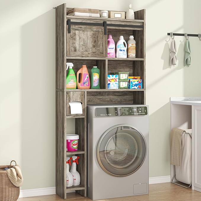 Semoic Over The Toilet Storage Cabinet, Over The Toilet Shelf with Sliding Door & Toilet Paper Holder Stand, Bathroom Above Toilet Storage, Home Space-Saving Toilet Rack for Bathroom, Light Grey