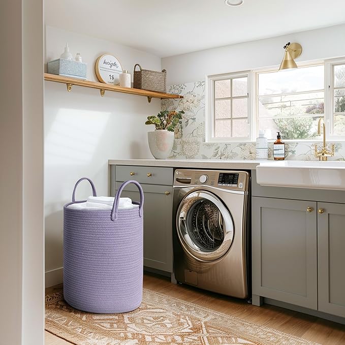 Purple Woven Laundry Basket, 15"x18" Large Cotton Rope Storage Basket for Blankets Pillows Toys, Decorative Baby Nursery Clothes Hamper for Living Room Bedroom, Kids Tall Luandry Hamper