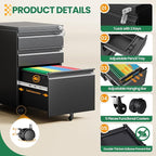 3 Drawer Mobile File Cabinet with Lock,Under Desk Rolling File Cabinet for Home Office Fits Legal/Letter/A4 File (Unassembled,Black)