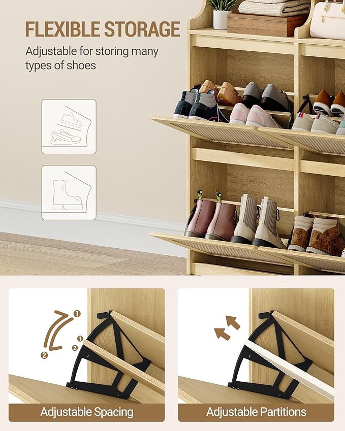 Shoe Cabinet with 4 Flip Drawers & 2 Top Drawers, Narrow Hidden Shoe Storage Cabinet for Entryway, Freestanding Shoes Organizer with Storage Space, 16-20 Pairs, for Hallway, Rattan SR57602Y