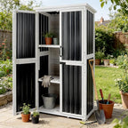 Aivituvin Outdoor Storage Shed with Wood and Metal Frame, Garden Sheds with Waterproof Plastic Roof, Adjustable Shelves and Ventilated Blinds, Garden Tool Cabinets for Outdoor (Black, Plastic)