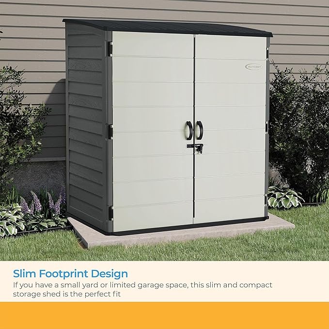 Suncast 106 Cu Ft Extra Large Vertical Outdoor Storage Shed - Resin Shed & Outdoor Storage with Floor and Lockable Double Doors, Weatherproof for Garden Tools, Pool Equipment, & Patio Cushions