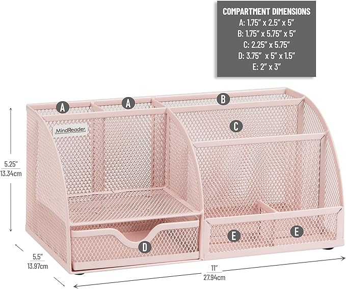 Mind Reader 7-Compartment Desktop Organizer, File & Accessory Storage, Metal Mesh Office Organizer for Desk, Workspace, Mail, Pink