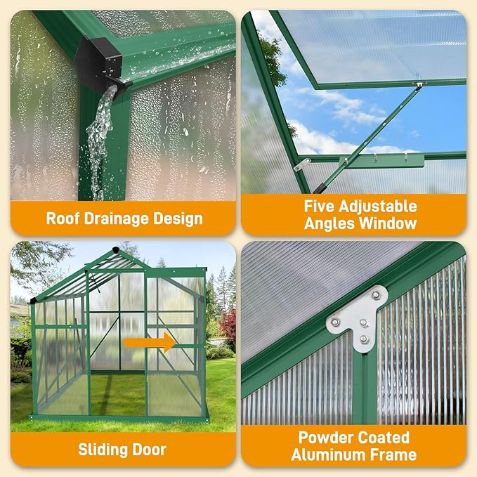 Vasitelan 6 x 10 FT Outdoor Greenhouse, Polycarbonate Greenhouse with Aluminum Frame for Backyard, Green Houses for Outside Garden Backyard, Patio (Green)