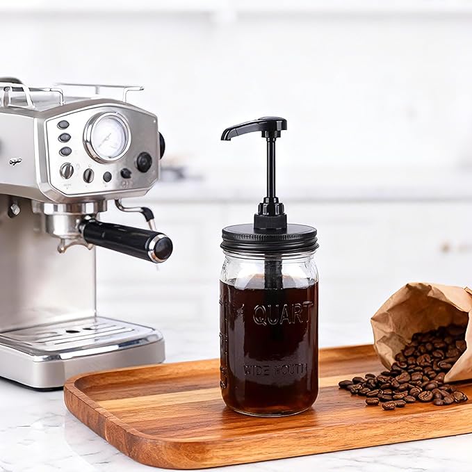 GMEPOCH 32 oz Mason Syrup Sauce Honey Dispenser Pump Bottle 1 Quart Wide Mouth Glass Coffee Syrup Condiment Ketchup Container Food Grade Airtight & Leak-Proof