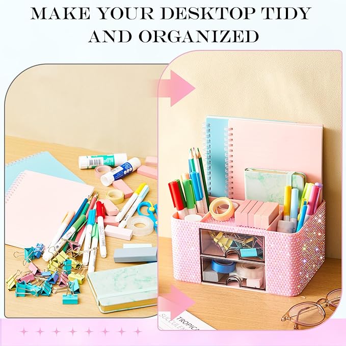 Pink Bling Desk Organizer with 2 Drawer, Sparkly Makeup Organizer for Vanity, Girly Desk Accessories, Rhinestone Pen Holder, Elevate Your Workspace with Pink Serenity (Diamond)