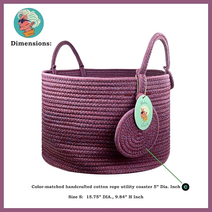 Modern Granny Small Cotton Rope Laundry Basket 16x10 Inch Dual Secure Woven Handle for Living Room Closet Clothes Blanket Organization