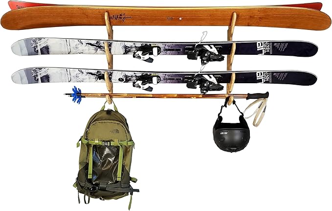 Grassracks Wall Ski Rack - Bamboo Wall-Mounted Ski Storage and Premium Ski Display Hallsteiner Series Indoor Ski Wall Mount (2 or 3 Pairs of Skis, Bamboo)