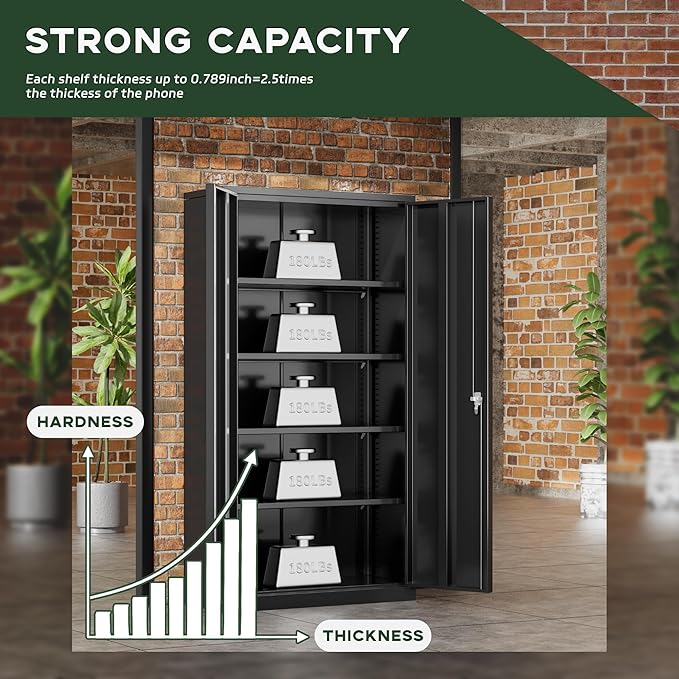 Greenvelly Metal Garage Storage Cabinet with Doors and Adjustable Shelves,72" Black Steel Lockable File Cabinet for Home Office,Garage,School(16" D x 32" W)