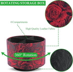 QIELIZI Round Leather Art Supply Organizer,Remote Control Holder,360 Degree Rotating,Multi-Functional Pencil Holder,4 Compartments Desktop Stationary Organizer(1-3D Rose Red)
