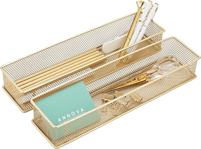 Annova Mesh Stackable Drawer Cabinet and Shelf Organizer Bins Storage Basket School Office Supply Holder Tray- Set of 2 (Gold, 3x12x2 Inch)