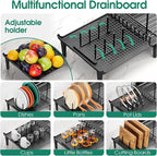 Dish Drying Rack for Kitchen Counter, Expandable 2 Tier Dish Rack, Large Capacity Dish Drainer with Drainboard Multifunctional Dish Strainer with Removable Cutlery Holder Black