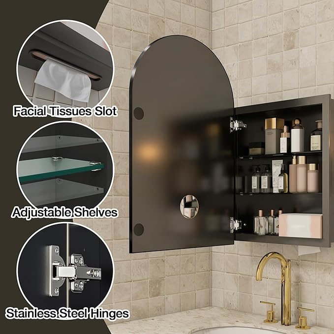 Arched Medicine Cabinet Mirror No Assembly Needed Bathroom Mirror with Storage Recessed or Surface Mount Options (Black, 31.5" L x 19.7" W)