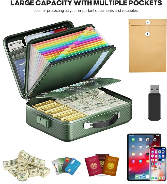 Fireproof Document Box, Hard Case Highly Flame-Resistant Fire Proof Waterproof File Organizer with Lock, Portable Fire Safe for Important Documents & Valuables Storage (Green, ‎15"*11"*5")