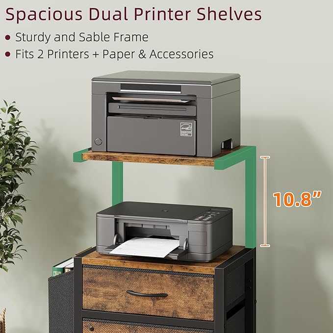 Filing Cabinet with 2-Tier Printer Shelves, 2 Fabric Drawers File Cabinet with Side Bag&File Drawer for A4/Letter Size, Printer Stand with Storage for Home Office, Rustic Brown, 16.5" W