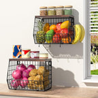 Fruit Basket for Kitchen Counter, Fruit Bowl Stackable Wall Mounted Hanging Fruit Basket Wire Basket with Wood Lid with Banana Hanger Hooks, Onion,Potato,Fruit and Vegetable Storage