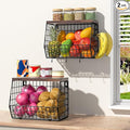 Fruit Basket for Kitchen Counter 2 Tier Fruit Bowl, Stackable Wall Mounted Hanging Fruit Basket Wire Baskets with Wood Lid with 4 Banana Hanger Hooks, Onion Basket, Fruit and Vegetable Storage