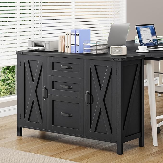 3 Drawer File Cabinet, Farmhouse Lateral Filing Cabinet with Doors Fits Letter or A4 Size, Wooden Printer Stand with Open Storage Adjustable Shelf for Home Office, Rustic Black