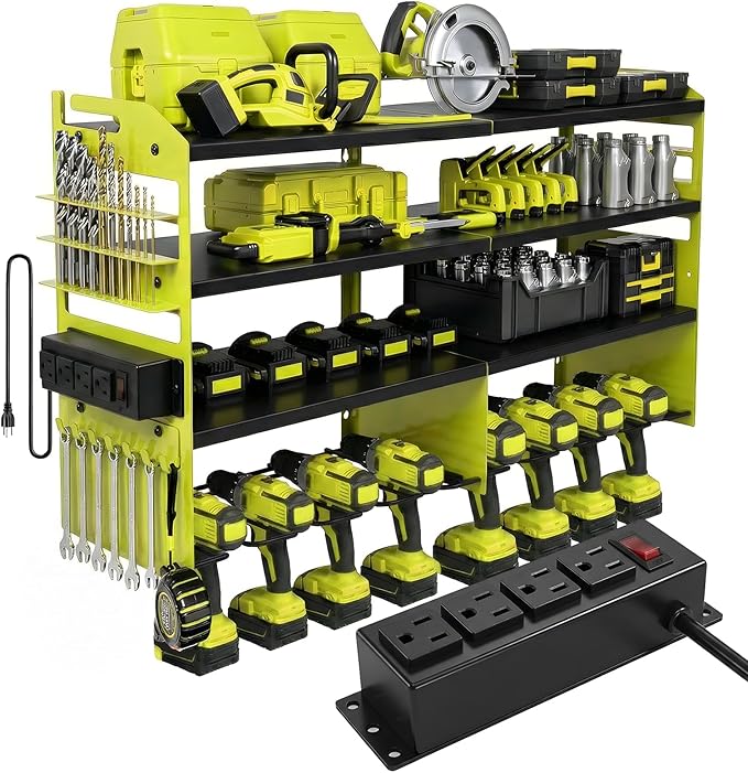 4-Tier Heavy Duty Power Tool Organizer with 4-Outlet High-Power Strip, 600lbs Capacity Reinforced Steel Drill Rack, High-Visibility Fluorescent Green Wall Mount Storage for 20V/60V Max Battery Systems