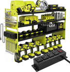 4-Tier Heavy Duty Power Tool Organizer with 4-Outlet High-Power Strip, 600lbs Capacity Reinforced Steel Drill Rack, High-Visibility Fluorescent Green Wall Mount Storage for 20V/60V Max Battery Systems