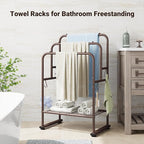 ELYKEN 40'' Tall Standing Towel Racks, 3 Tier Towel Drying Rack Outdoor, Pool Towel Stand Blanket Holder with Shelf & 4 Removable Hooks, Metal Freestanding Towel Racks for Bathroom, Smooth Silver
