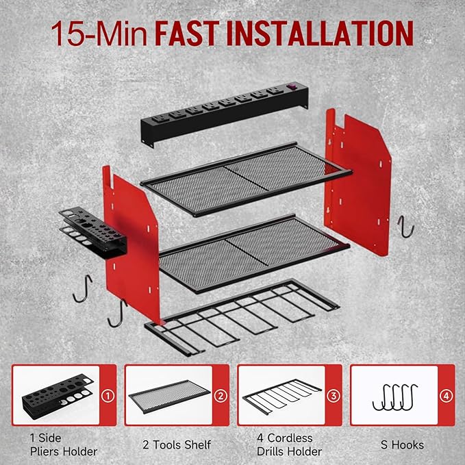 Power Tool Organizer Wall Mount with Charging Station, Heavy Duty 3 Layers Tool Storage Rack with 4 Cordless Drill Holder, Battery Holder with 8 Power Strip, Ideal for Garage, Warehouse, Workshop