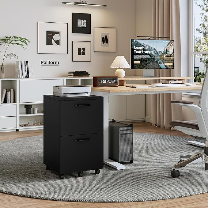 Sweetcrispy 2 Drawer Filing Cabinet Black, Rolling Wood File Cabinets with Printer Stand Under Desk Storage Lockable Wheels, Home Office Organizer