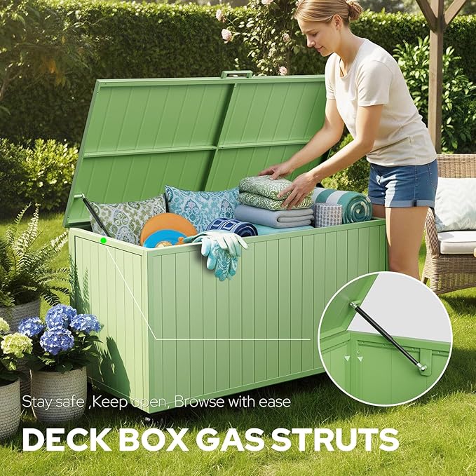 Outdoor Storage Deck Box with Wheels 150 Gallon, Aluminum Deck Boxes Outdoor Waterproof, Patio Storage Box for Home/Backyard/Pool Chemicals/Toys/Garden Tools/Porch/Patio Cushions (Green)