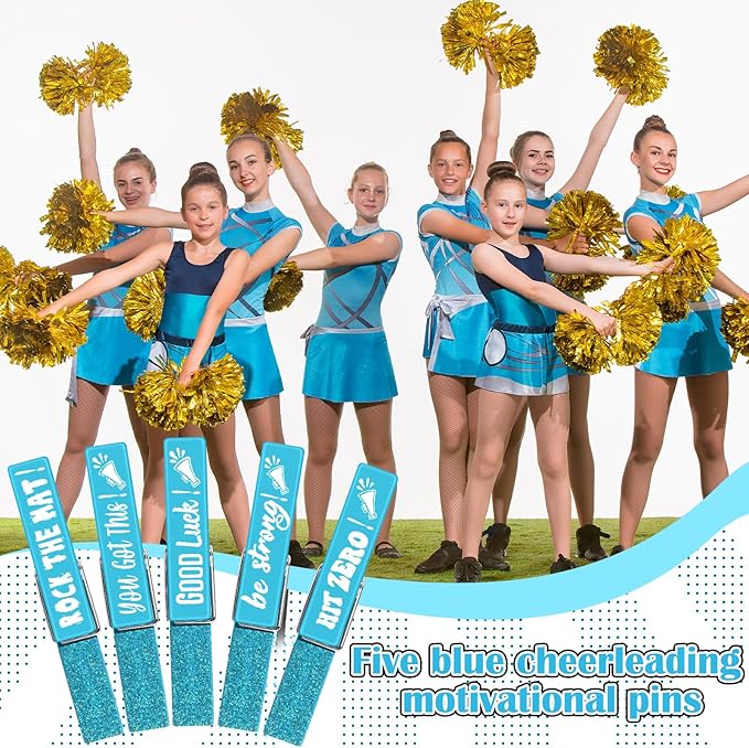 Kigeli 30 Pcs Spirit Clips Cheer Pins Cheerleader Gifts Clothes Pins for Backpacks Competition Glittered for Team Cheer Gifts Stuff Supplies Party Favors Accessories Bulk(Light Blue,Shiny)