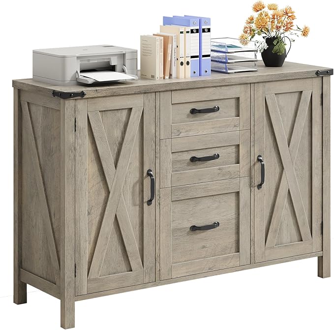 3 Drawer File Cabinet, Farmhouse Lateral Filing Cabinet with Doors Fits Files Letter or A4 Size, Wooden Printer Stand with Open Storage Adjustable Shelf for Home Office, Rustic Grey