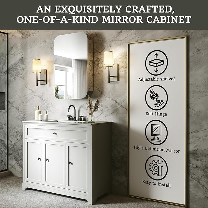 20x31 Bathroom Medicine Cabinet with Mirror,Aluminum Alloy Frame with Mirror Side Panels,Surface or Recessed Medicine Cabinet with Adjustable Shelves,Assembly Required,Rounded Corner