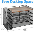 OPNICE Desk Organizer, 5-Tier Paper Organizer Letter Tray with Magazine Holder, Office Desk Accessories & Workspace Organizers, Desktop File Organizer for Office Supplies Storage, Wood
