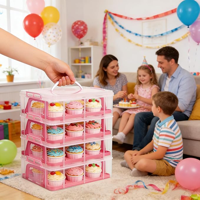 Cupcake Carrier Stackable Storage Container Collapsible Cake Carrier with Lid and Handle, with 50 PCS Cupcake liners,Reusable Plastic Dessert Travel Container,Transport Box (48 Cupcakes Pink)