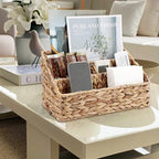 BTSKY Woven Divided Storage Basket Natural Hyacinth Vertical Wicker Storage Baskets 4 Compartments Desktop Home Office Supplies Sorter Rack