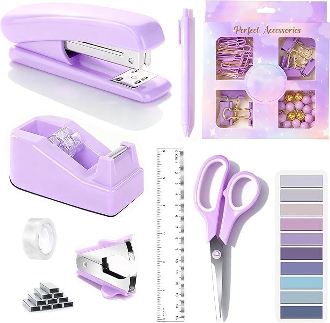 Purple Desk Accessories, Purple Office Supplies Accessories with Tape Dispenser, Stapler, Staple Remover, 1000 Staples, Tape, Clips Set, Ruler, Scissor, Pen