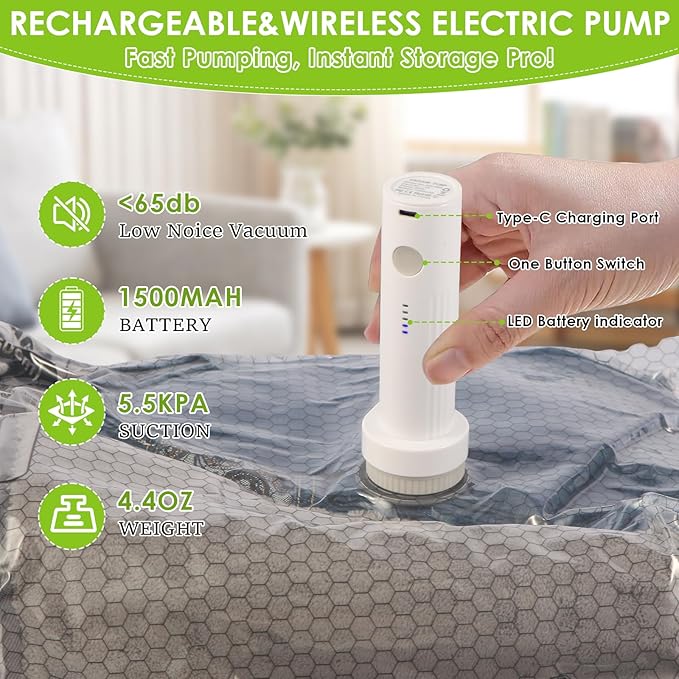 Travel Vacuum Storage Bags for Clothing with Rechargeable Air & Hand Pump, 9 Pack Portable Space Saver Bags, Compression Packing Seal for Luggage and Suitcase, Blankets, Seasonal Storage