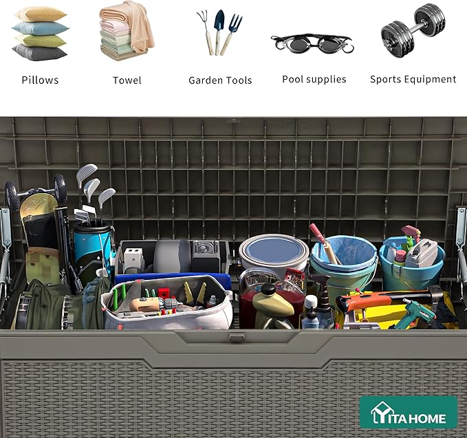 YITAHOME 80 Gallon Outdoor Storage Box, Large Water Resistant Resin Deck Box, Indoor Outdoor Lockable Rattan Storage Container for Patio, Garden, Cushions, Tools, Equipment (Taupe)
