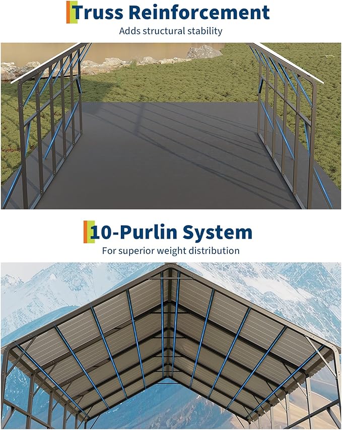 Garvee 20x25 ft Metal Carport Kit, 120° Steep-Pitch Vertical Roof for Snow Shedding, 173" High-Clearance RV & Tractor Shelter, Heavy-Duty 2 Cars Car Port with Reinforced Frame